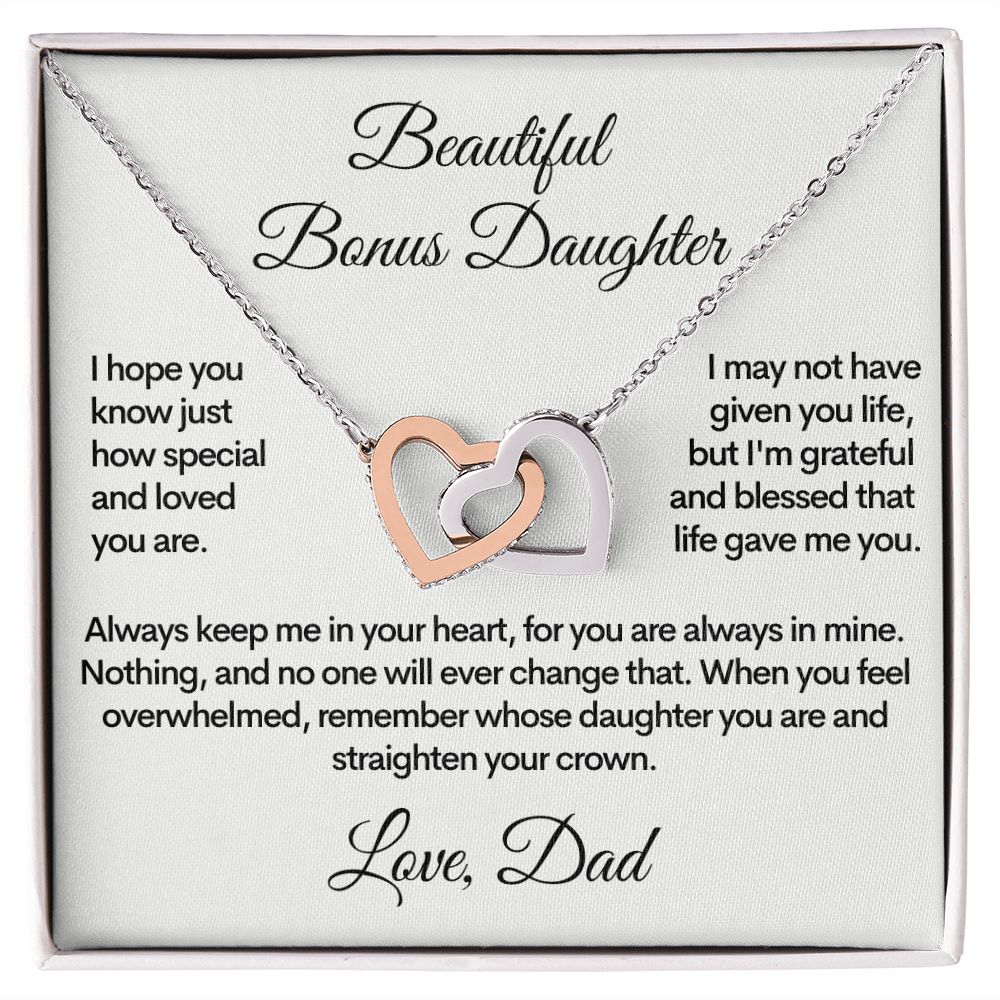 Bonus Daughter (Love, Dad) | Beautiful Locked Hearts Stainless Steel and Gold Necklace