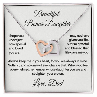Bonus Daughter (Love, Dad) | Beautiful Locked Hearts Stainless Steel and Gold Necklace