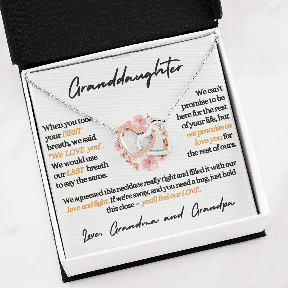 Granddaughter (Love, Grandma and Grandpa) Beautiful Gold Connected Hearts Necklace