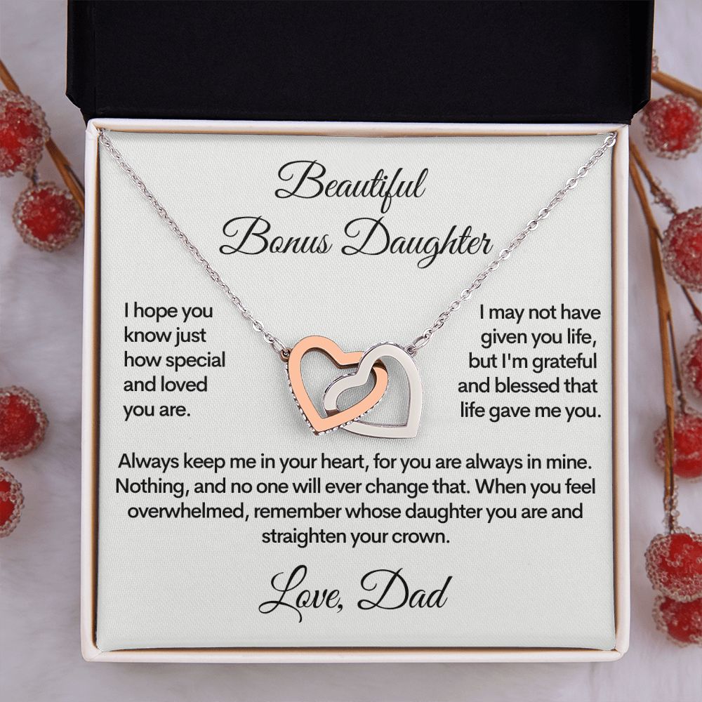Bonus Daughter (Love, Dad) | Beautiful Locked Hearts Stainless Steel and Gold Necklace