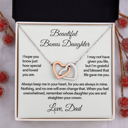 Bonus Daughter (Love, Dad) | Beautiful Locked Hearts Stainless Steel and Gold Necklace