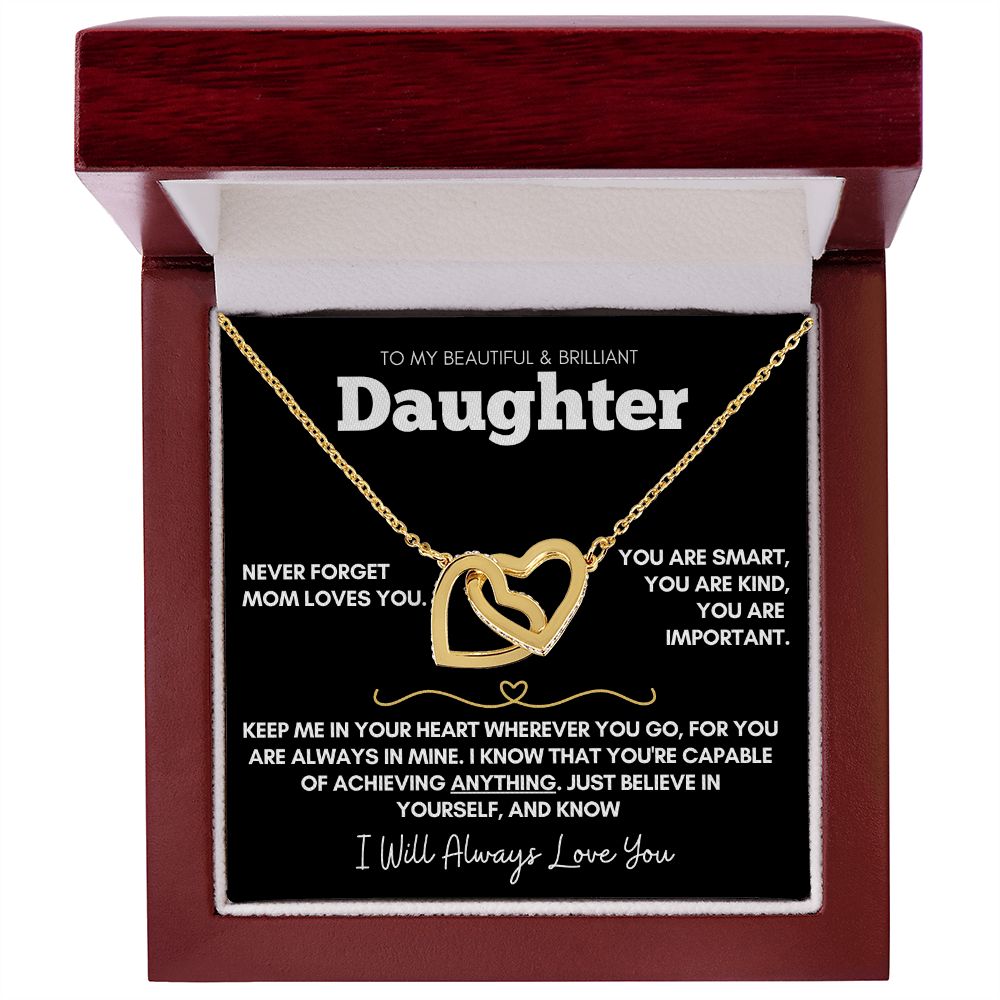 Daughter - Never Forget Mom Loves You - 14k Rose Gold and Stainless Steel Hearts Necklace