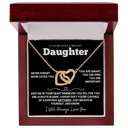 Daughter - Never Forget Mom Loves You - 14k Rose Gold and Stainless Steel Hearts Necklace