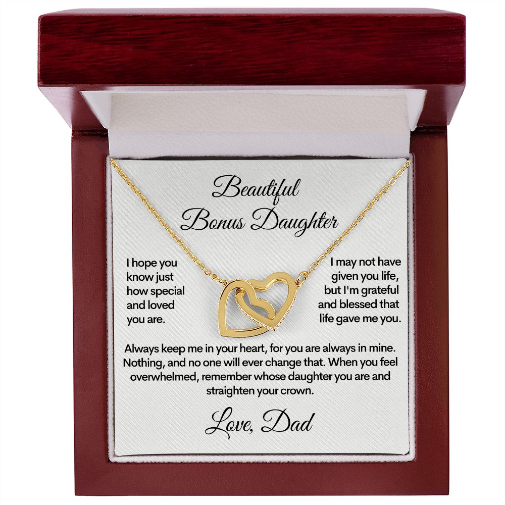 Bonus Daughter (Love, Dad) | Beautiful Locked Hearts Stainless Steel and Gold Necklace