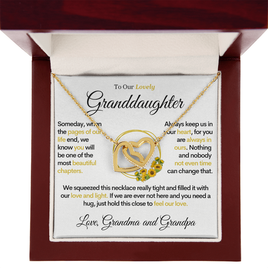 To Our Lovely Granddaughter - Sunflower Pages of Life, Two Hearts Necklace (From Grandma and Grandpa)