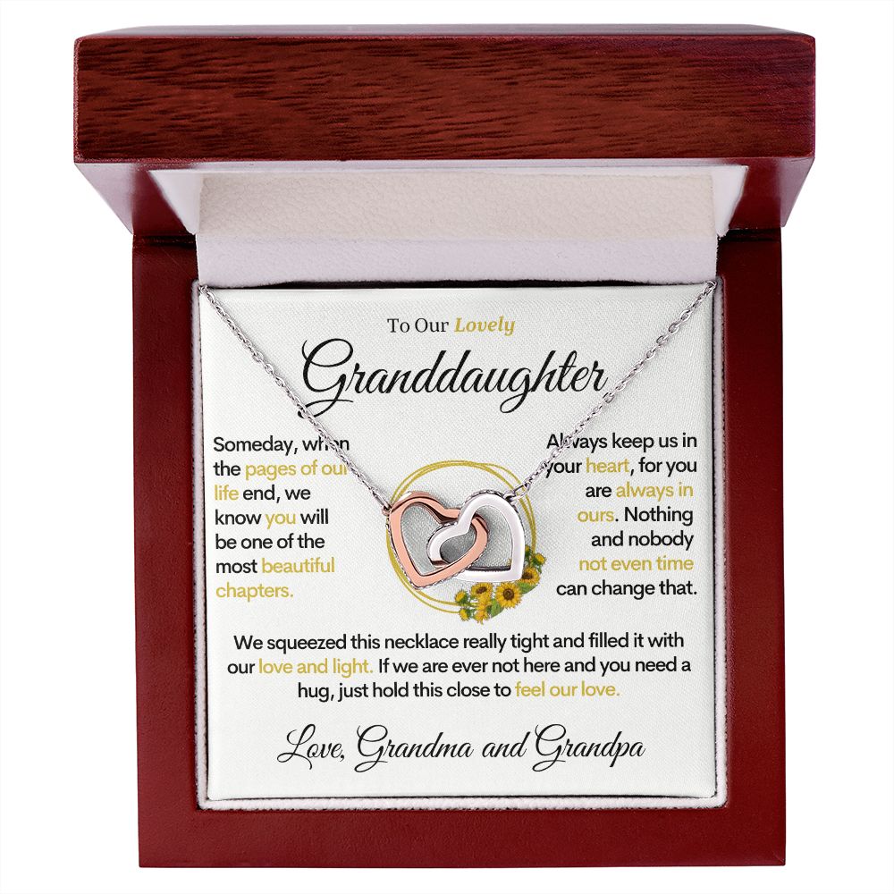 To Our Lovely Granddaughter - Sunflower Pages of Life, Two Hearts Necklace (From Grandma and Grandpa)