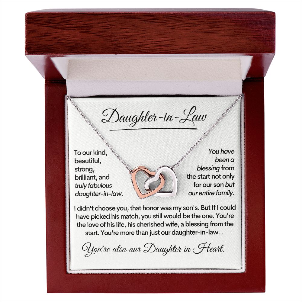 Daughter-In-Law, Gold Stainless Steel Locked Hearts Necklace Bonus Daughter Gift Idea