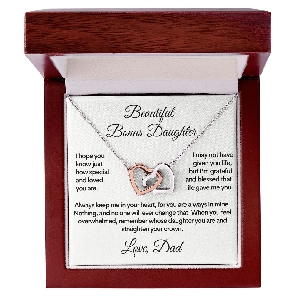 Bonus Daughter (Love, Dad) | Beautiful Locked Hearts Stainless Steel and Gold Necklace