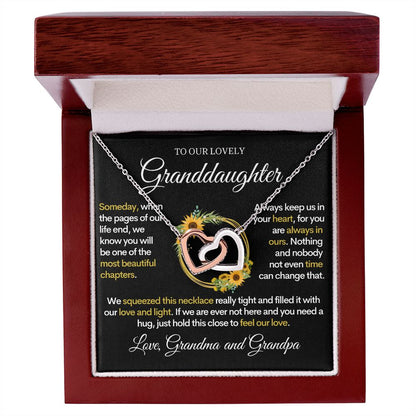 To Our Lovely Granddaughter (From Grandpa and Grandma) Sunflowers & Love - Beautiful Gold Necklace Hearts
