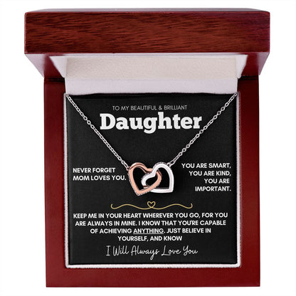 Daughter - Never Forget Mom Loves You - 14k Rose Gold and Stainless Steel Hearts Necklace