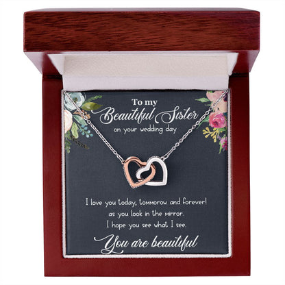 Beautiful Sister - On Your Wedding Day Necklace and Poem, Anniversary, Valentine's Day, Rose Gold Hearts Necklace