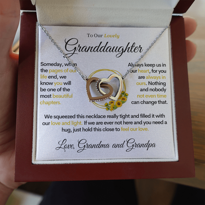 To Our Lovely Granddaughter - Sunflower Pages of Life, Two Hearts Necklace (From Grandma and Grandpa)