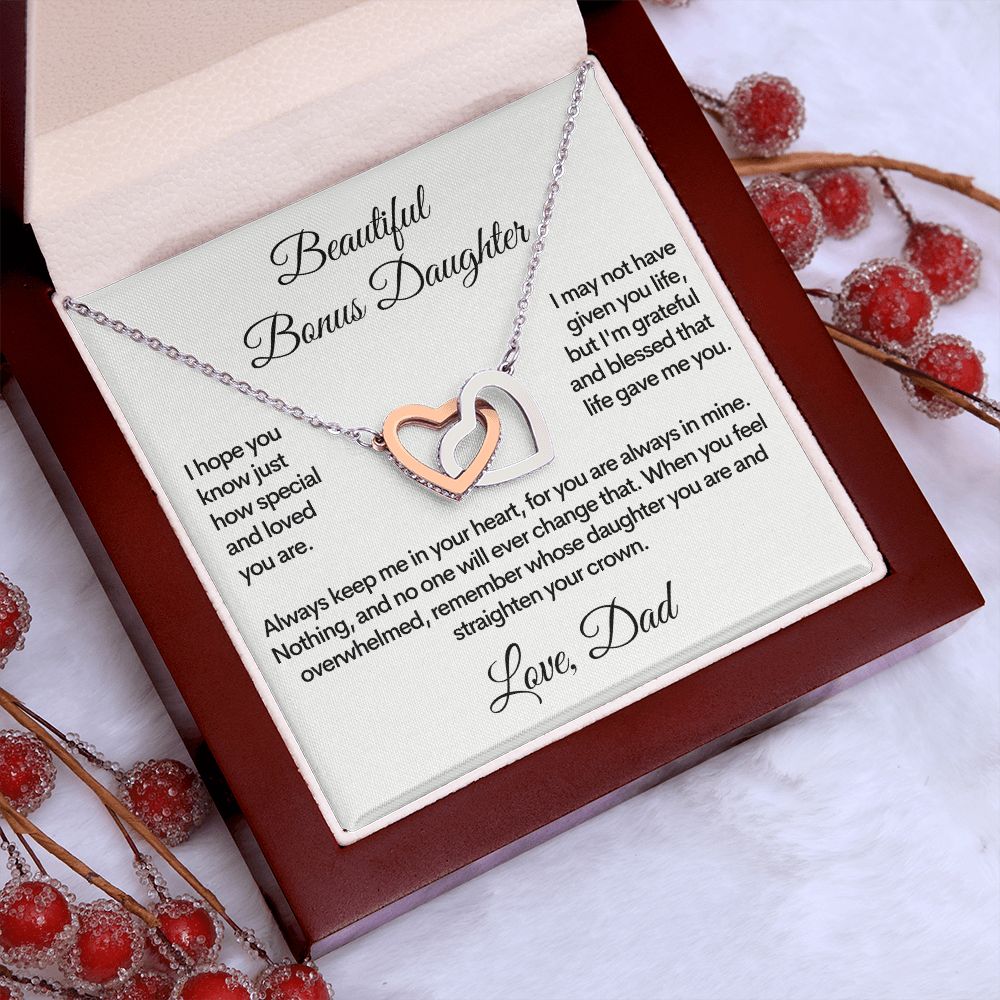 Bonus Daughter (Love, Dad) | Beautiful Locked Hearts Stainless Steel and Gold Necklace