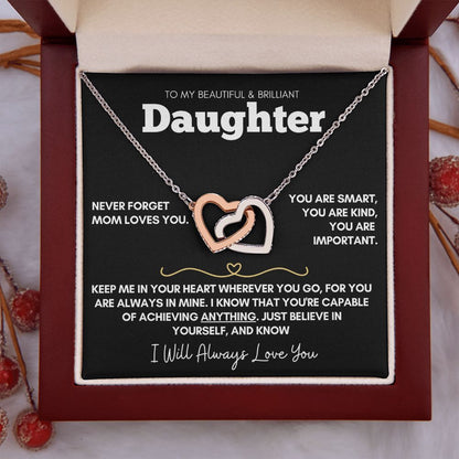 Daughter - Never Forget Mom Loves You - 14k Rose Gold and Stainless Steel Hearts Necklace