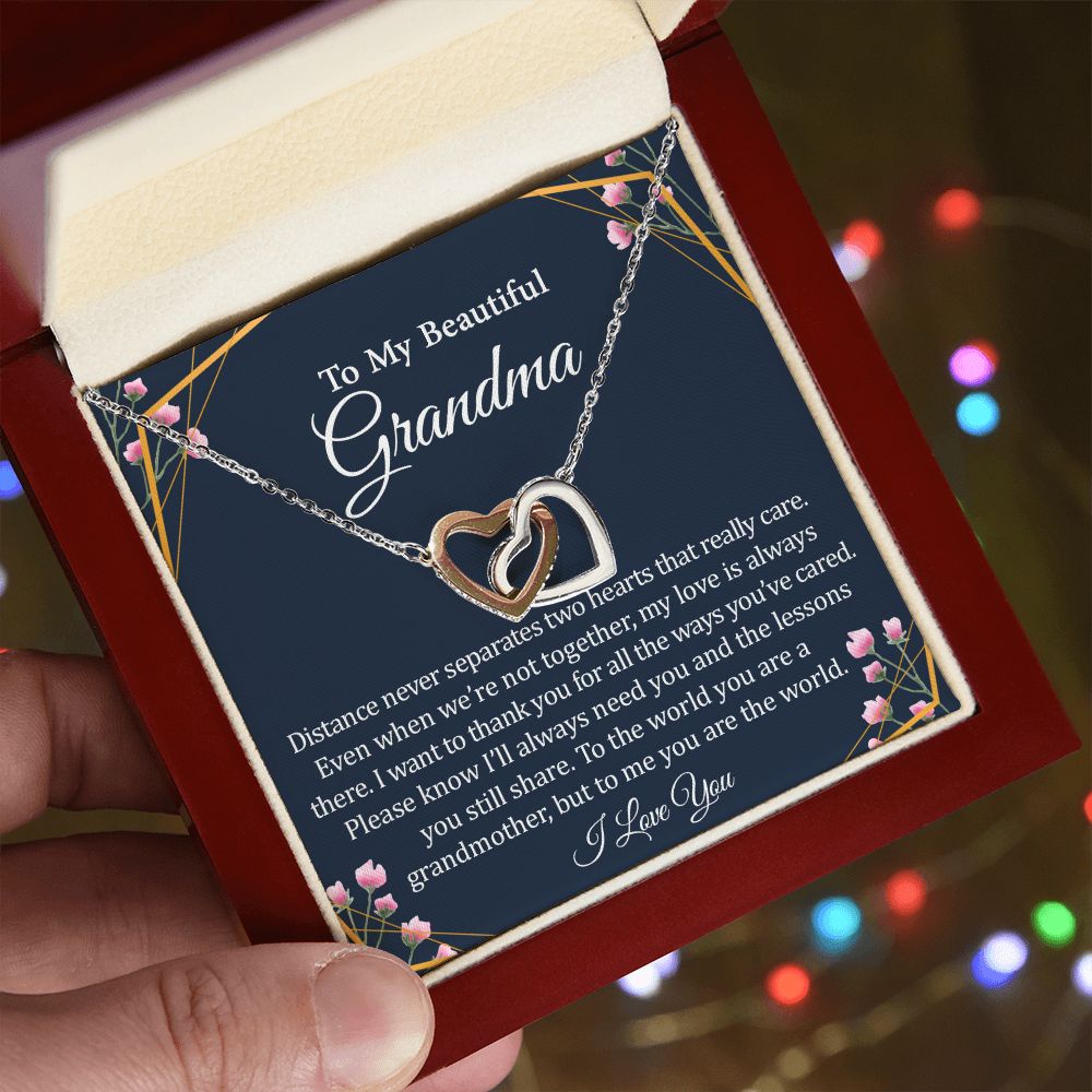 To My Beautiful Grandma - Rose Gold Connected Hearts Necklace, Poem Card, and Box