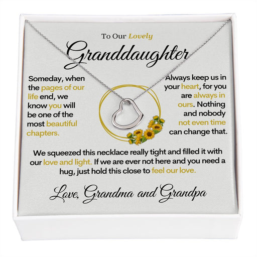 To Our Lovely Granddaughter - Sunflower Pages of Life, Gold Heart Necklace (From Grandma and Grandpa) 14K White Gold Finish Standard Box