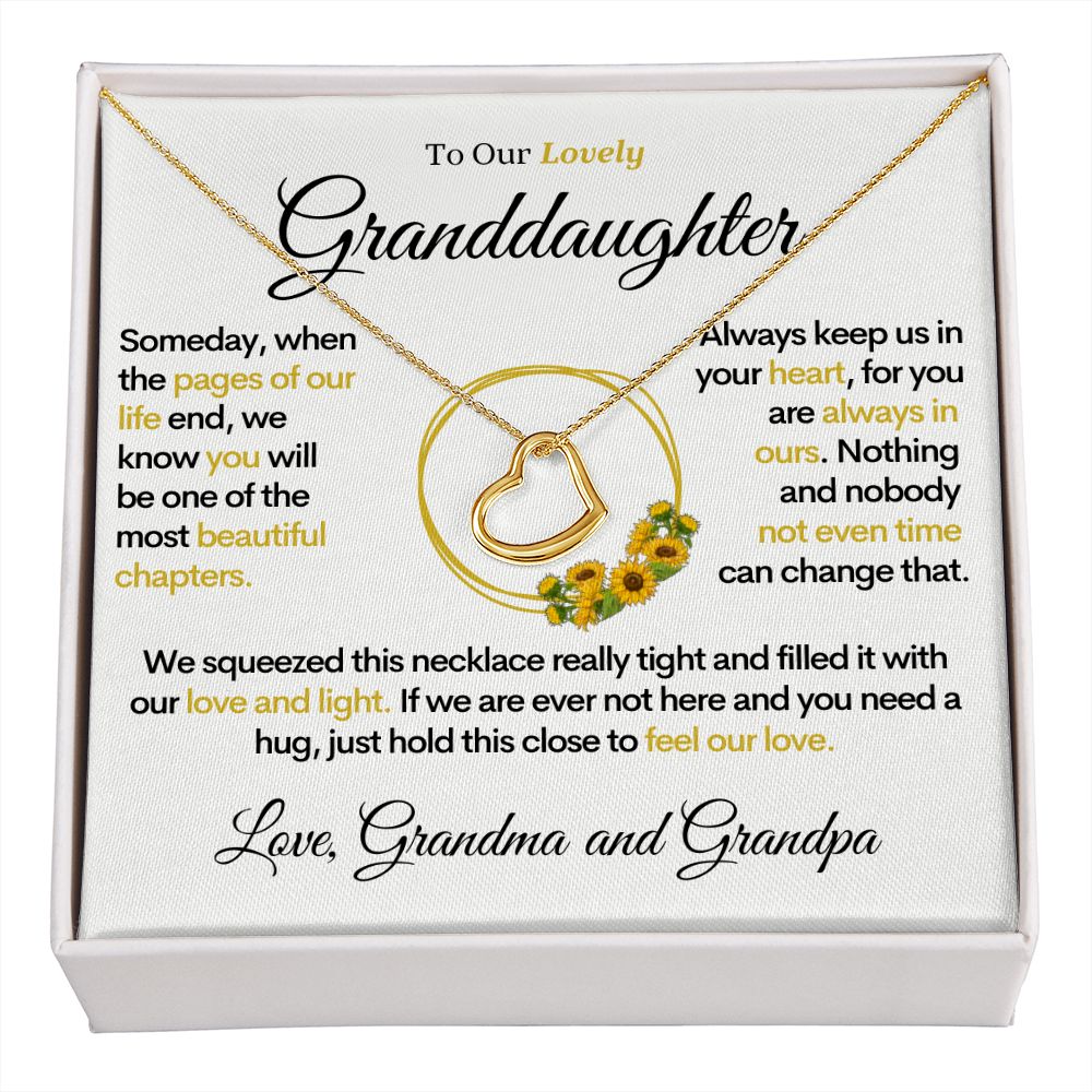 To Our Lovely Granddaughter - Sunflower Pages of Life, Gold Heart Necklace (From Grandma and Grandpa)