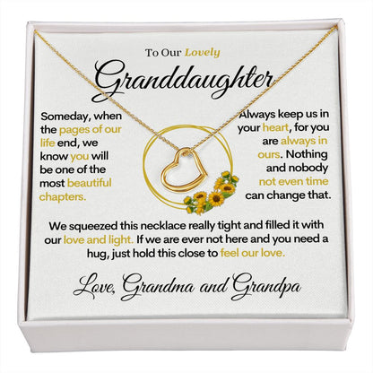 To Our Lovely Granddaughter - Sunflower Pages of Life, Gold Heart Necklace (From Grandma and Grandpa)