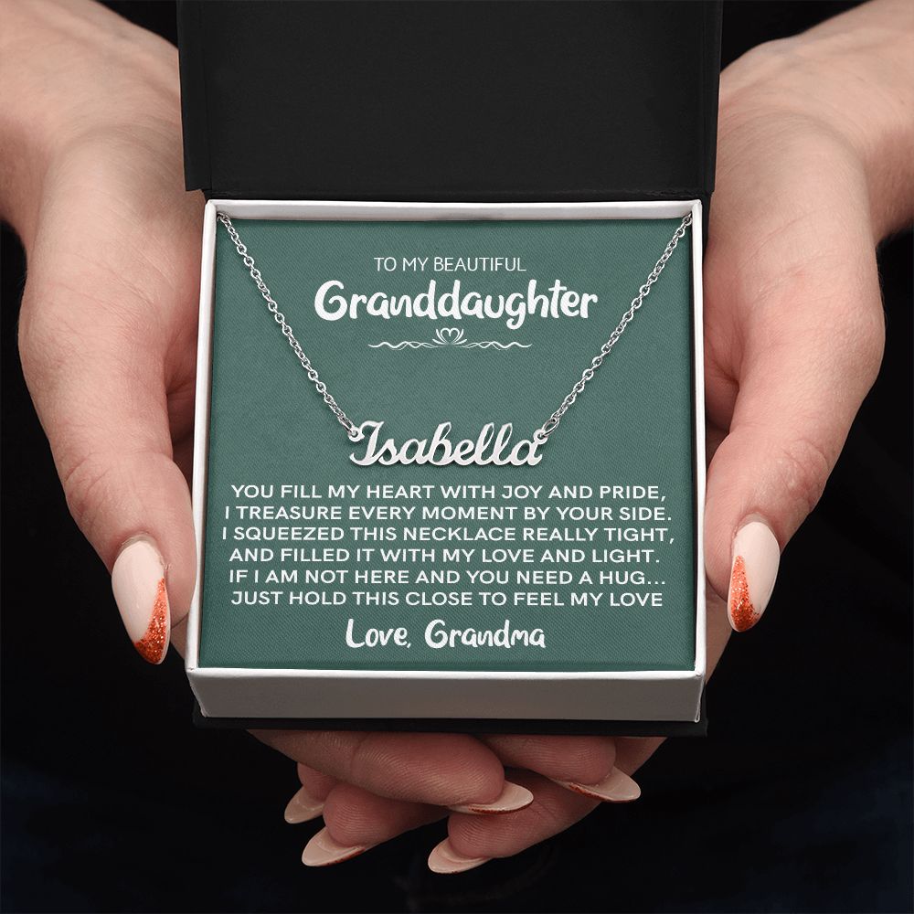 To My Beautiful Granddaughter (Love Grandma) | Custom Stainless Steel Name Necklace and Poem Card