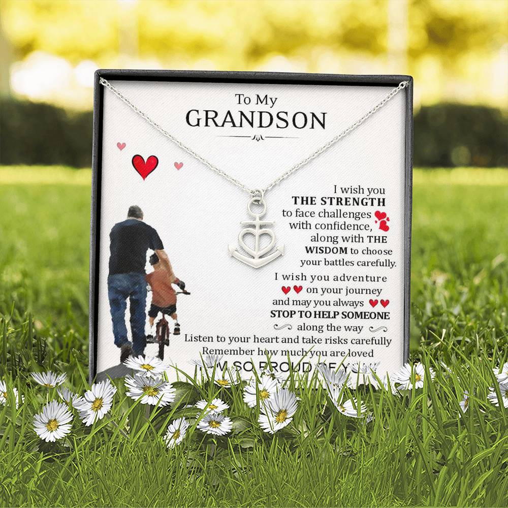 To My Grand Son - I Am So Proud Of You | Artisan Crafted Heart Anchor Family Necklace & Message Card