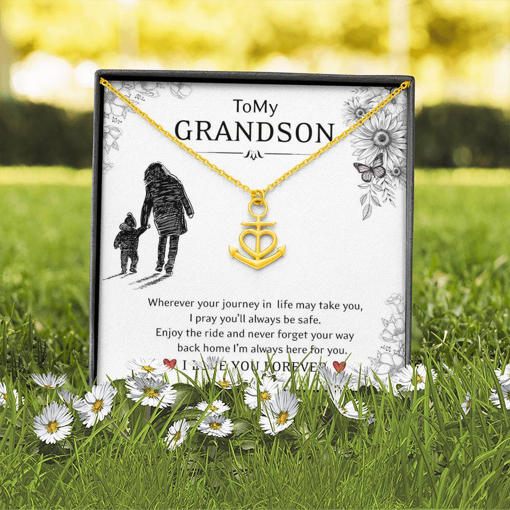 To My Grand Son - Enjoy the Ride | Artisan Crafted 18K Gold Heart Anchor Family Necklace & Card
