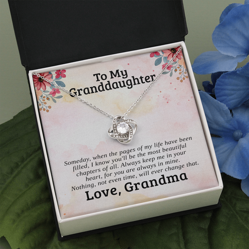 To My Granddaughter, Most Beautiful Chapters | 14k White Gold Love Knot | Granddaughter Necklace Gift & Poem Card Standard Box