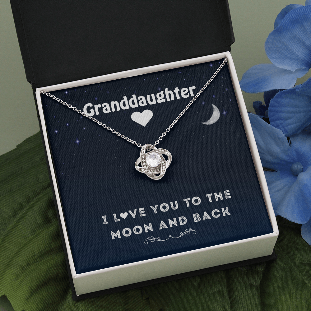 To My Granddaughter - To The Moon and Back | Beautiful 14k White Gold Family Forever Love Knot | Granddaughter Keepsake Gift w/ Message Card