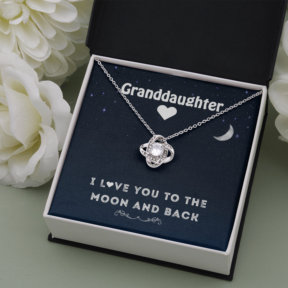 To My Granddaughter - To The Moon and Back | Beautiful 14k White Gold Family Forever Love Knot | Granddaughter Keepsake Gift w/ Message Card