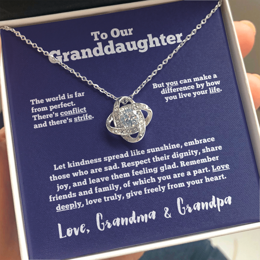 To Our Granddaughter - Love Deeply (Grandpa and Grandma) | 14k White Gold Knot Necklace