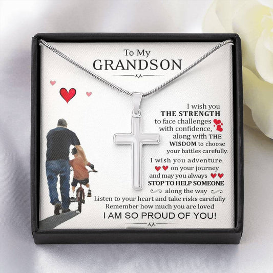 To My Grand Son - I Am So Proud Of You | Artisan Crafted 14k White Gold Cross Necklace with Sentimental Message Card