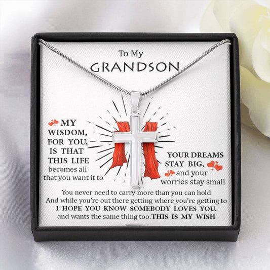 To My Grand Son - Somebody Loves You | Artisan Crafted 14k White Gold Cross Necklace with Sentimental Message Card