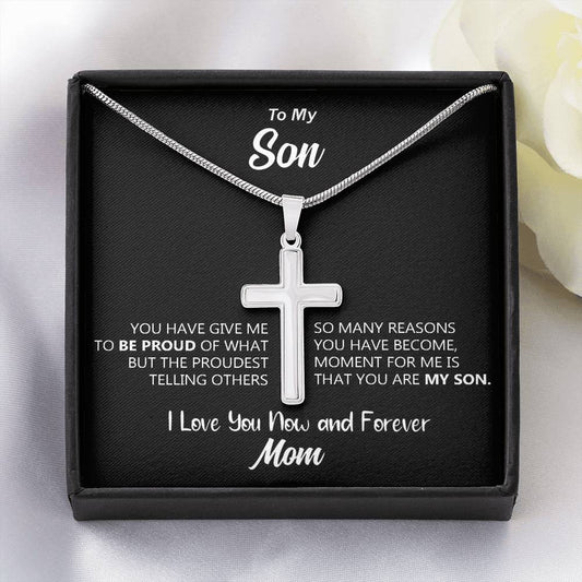 To My Son - The Proudest Moment For Me (I Love You Now & Forever, Mom) | Stunning Artisan Crafted 14k White Gold Cross Necklace