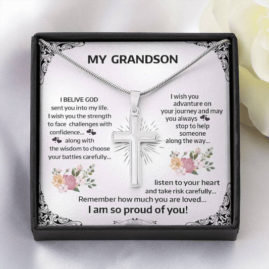 To My Grand Son - Remember How Much You Are Loved | Stunning Artisan Crafted 14k White Gold Cross Necklace