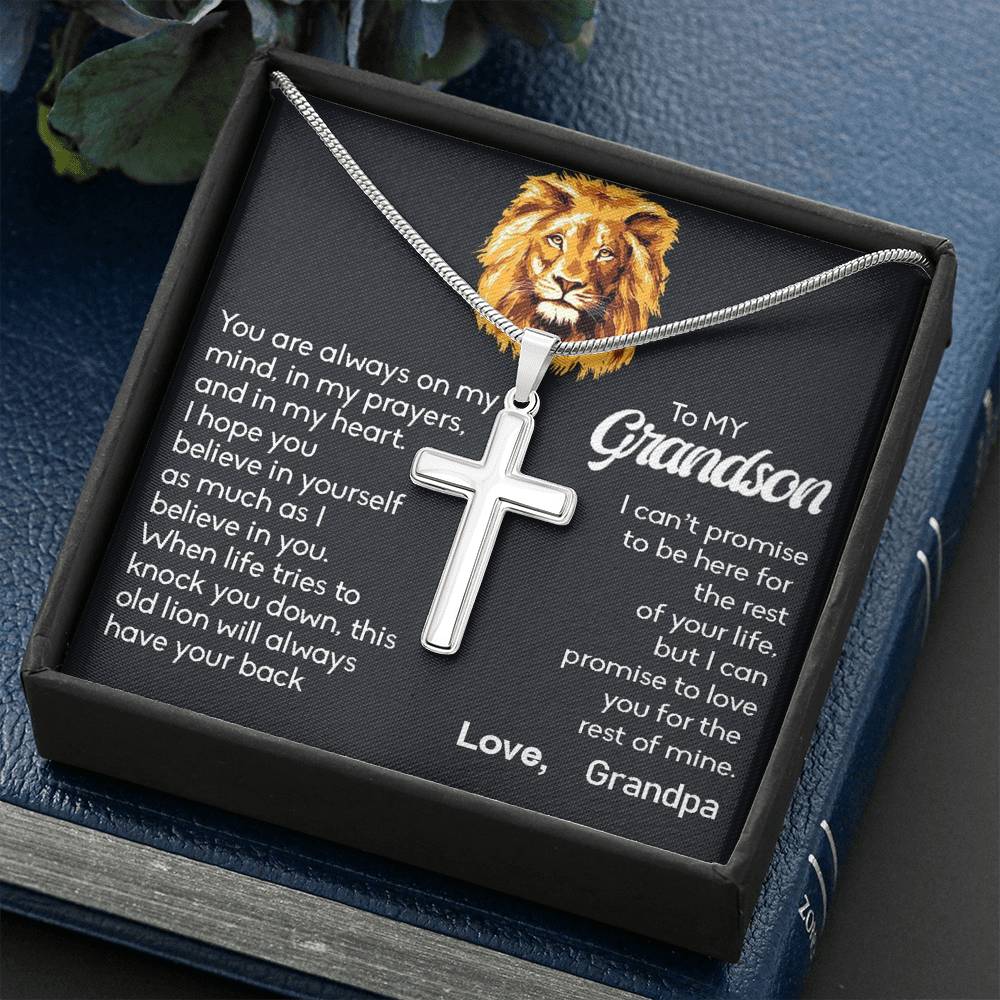 To My Grand Son - When Life Tries To Knock You Down (Love, Grandpa) | Stunning Artisan Crafted 14k White Gold Cross Necklace