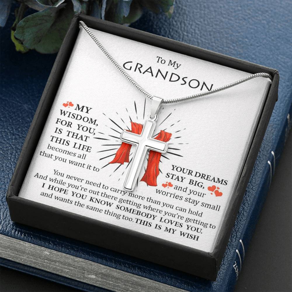 To My Grand Son - Somebody Loves You | Artisan Crafted 14k White Gold Cross Necklace with Sentimental Message Card
