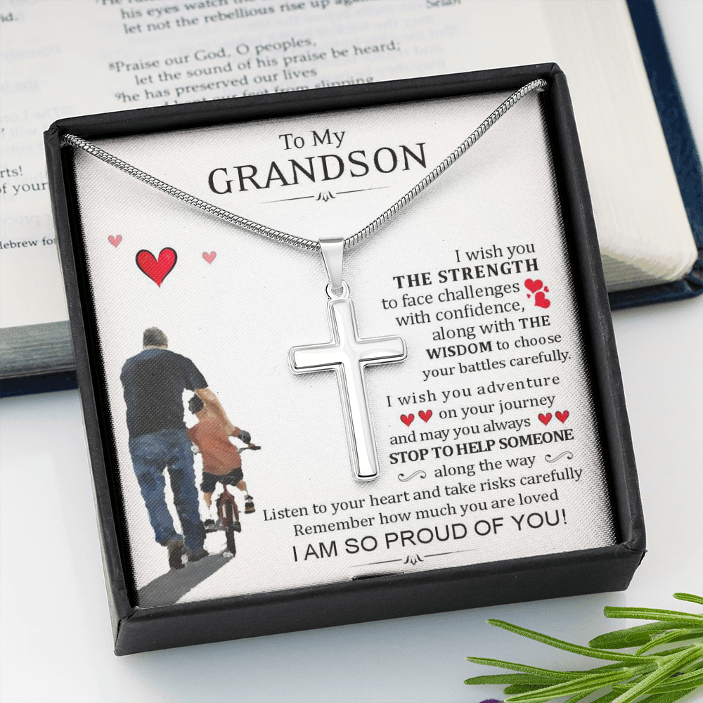 To My Grand Son - I Am So Proud Of You | Artisan Crafted 14k White Gold Cross Necklace with Sentimental Message Card