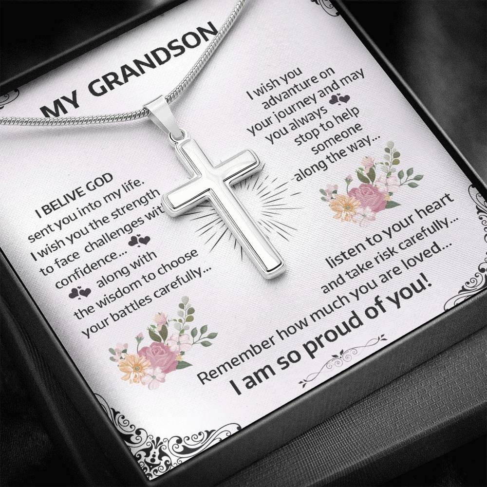 To My Grand Son - Remember How Much You Are Loved | Stunning Artisan Crafted 14k White Gold Cross Necklace