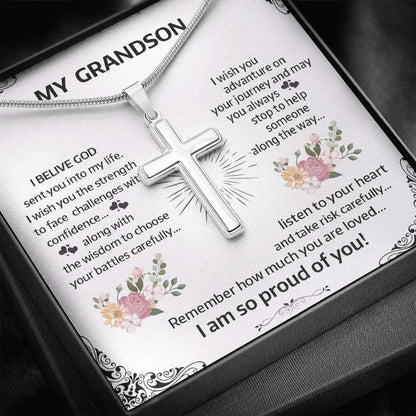 To My Grand Son - Remember How Much You Are Loved | Stunning Artisan Crafted 14k White Gold Cross Necklace