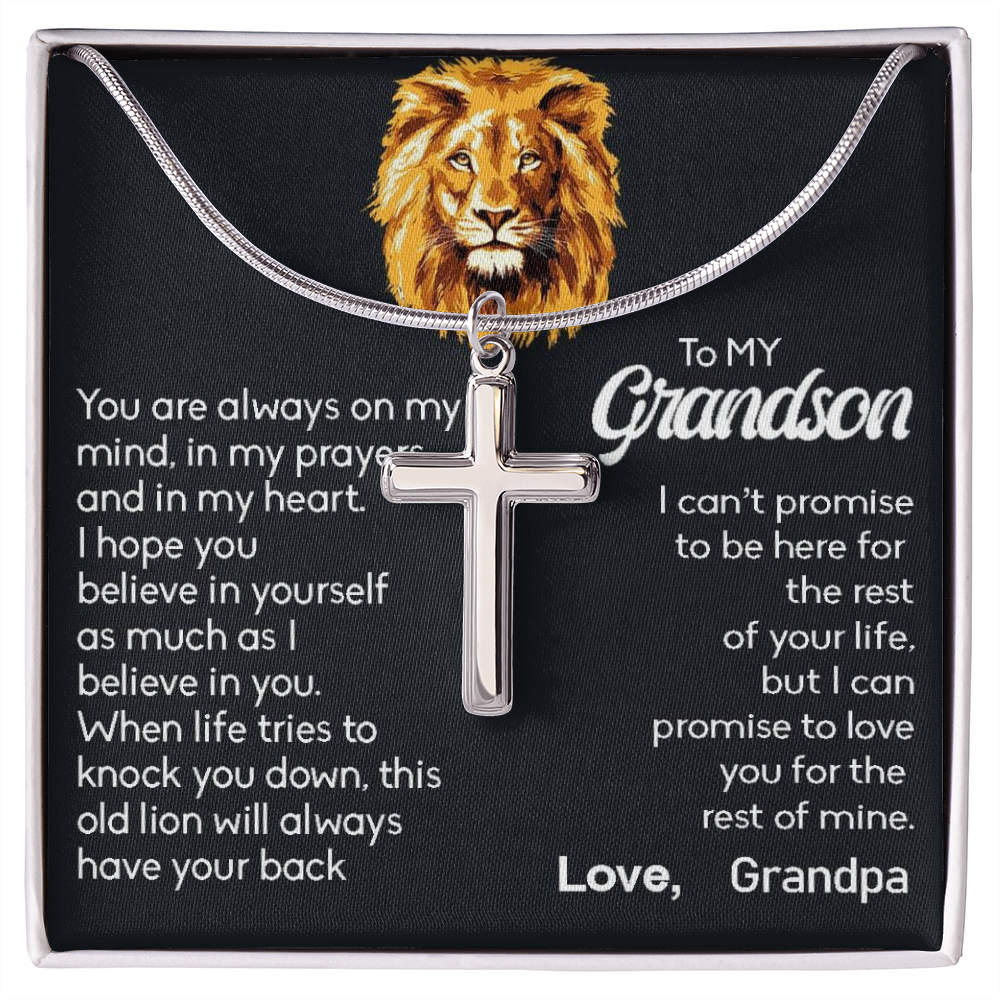 To My Grand Son - When Life Tries To Knock You Down (Love, Grandpa) | Stunning Artisan Crafted 14k White Gold Cross Necklace