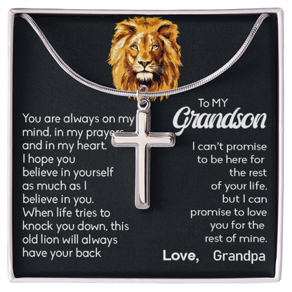 To My Grand Son - When Life Tries To Knock You Down (Love, Grandpa) | Stunning Artisan Crafted 14k White Gold Cross Necklace