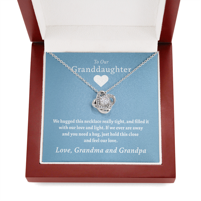 Granddaughter - Our Love (Blue) | Beautiful 14k White Gold Granddaughter Knot Necklace Mahogany Style Luxury Box