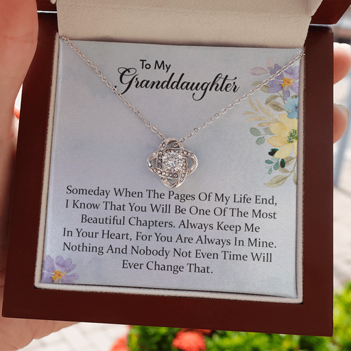 To My Granddaughter - Keep Me In Your Heart | Beautiful 14k White Gold Love Knot Necklace Mahogany Style Luxury Box