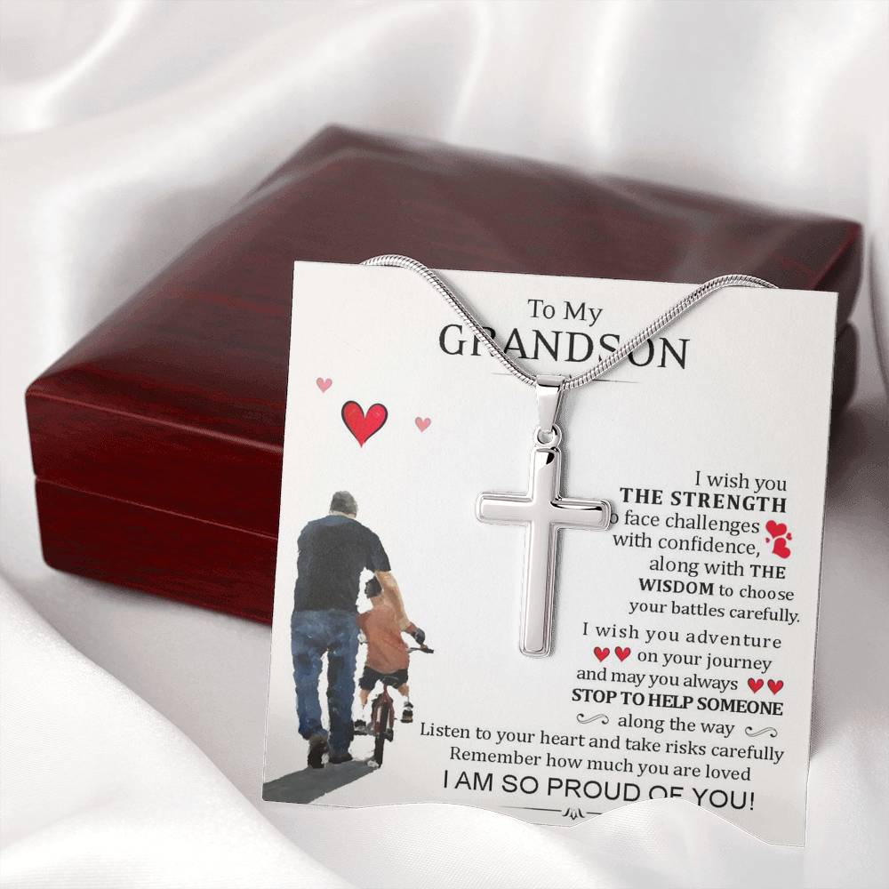 To My Grand Son - I Am So Proud Of You | Artisan Crafted 14k White Gold Cross Necklace with Sentimental Message Card