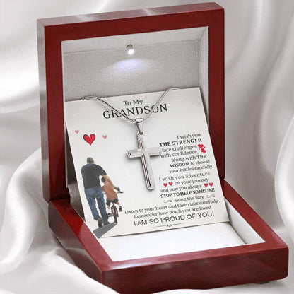 To My Grand Son - I Am So Proud Of You | Artisan Crafted 14k White Gold Cross Necklace with Sentimental Message Card