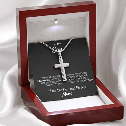 To My Son - The Proudest Moment For Me (I Love You Now & Forever, Mom) | Stunning Artisan Crafted 14k White Gold Cross Necklace