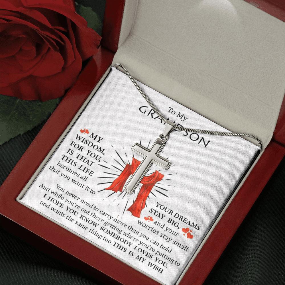 To My Grand Son - Somebody Loves You | Artisan Crafted 14k White Gold Cross Necklace with Sentimental Message Card