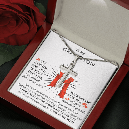 To My Grand Son - Somebody Loves You | Artisan Crafted 14k White Gold Cross Necklace with Sentimental Message Card