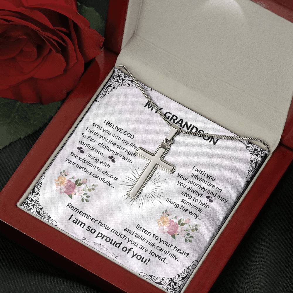 To My Grand Son - Remember How Much You Are Loved | Stunning Artisan Crafted 14k White Gold Cross Necklace