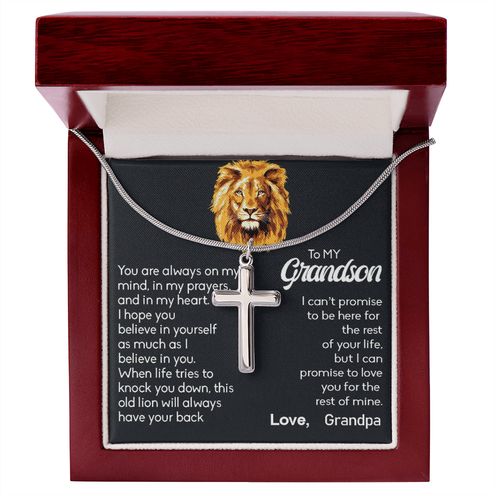 To My Grand Son - When Life Tries To Knock You Down (Love, Grandpa) | Stunning Artisan Crafted 14k White Gold Cross Necklace