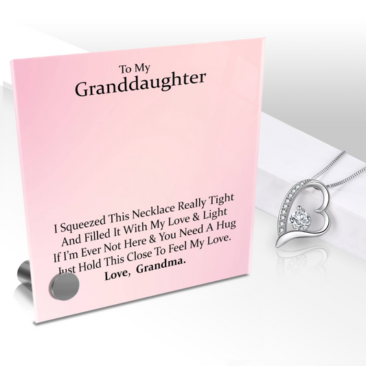 Luxury Glass Message Card + 14K White Gold Necklace | To My Grand Daughter - Love, Grandma | Permanent Message Card Display Message | Soft Pink